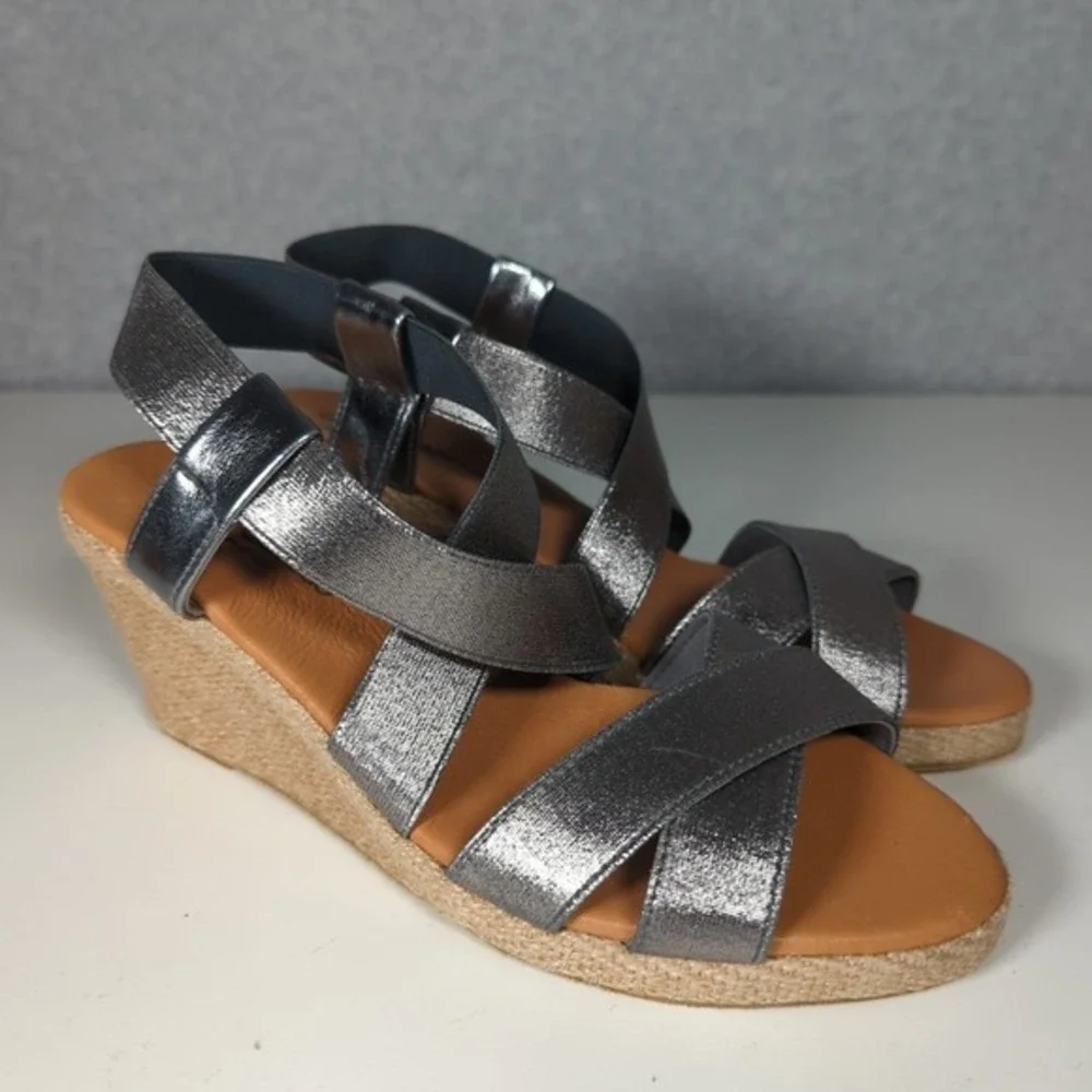 Andre Assous Leather‎ Dalmira Espadrille Wedge Sandal Slingback Womens 9M Pewter